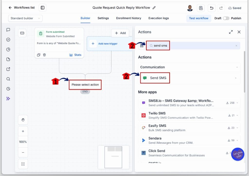 ghl-sms-quote-automation-send-sms GHL SMS Quote Automation - Add the First Send SMS Action