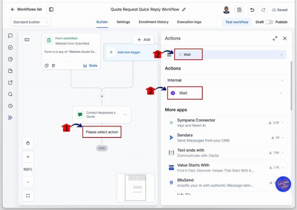 ghl-sms-quote-automation-wait SMS Quote Automation - Add the First Wait Action