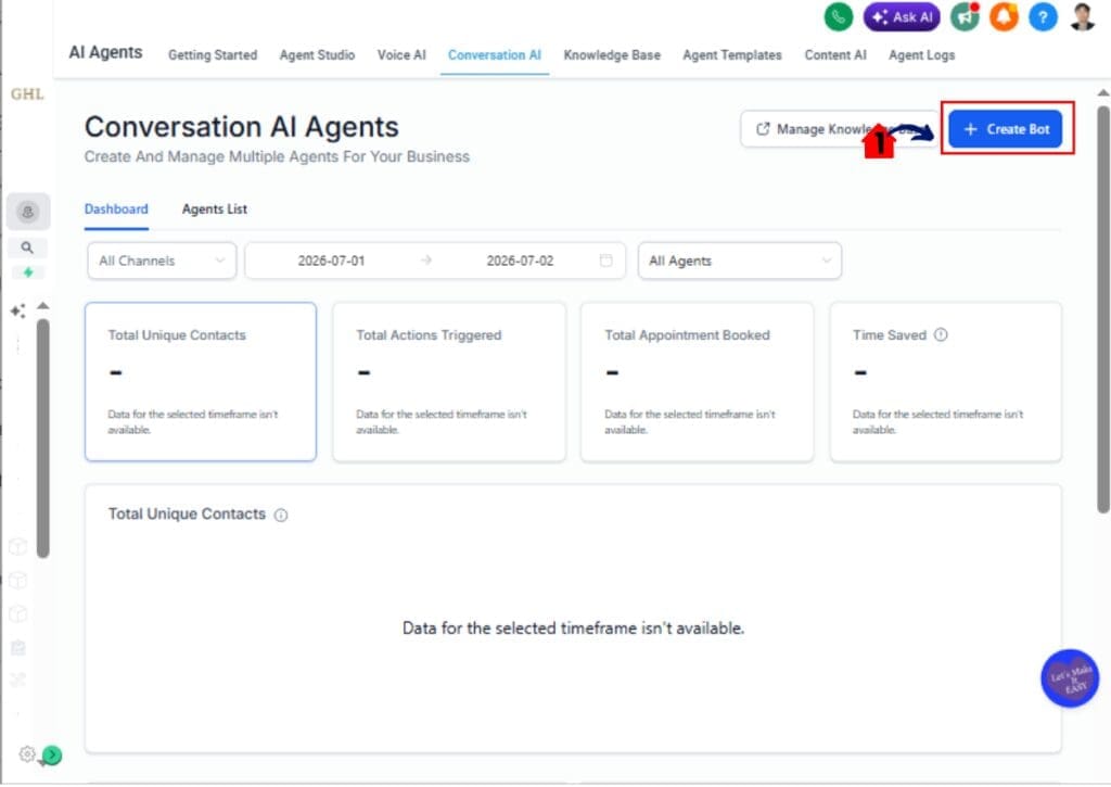 GHL Conversation AI – Create a New Conversation AI