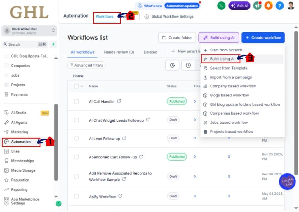 ghl-summer-workflow-ai-01 GoHighLevel AI Workflow Automation Step 1 Access the Workflow List page