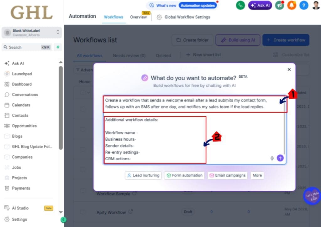ghl-summer-workflow-ai-03 oHighLevel AI Workflow Automation Step 3 Describe the workflow you want to build