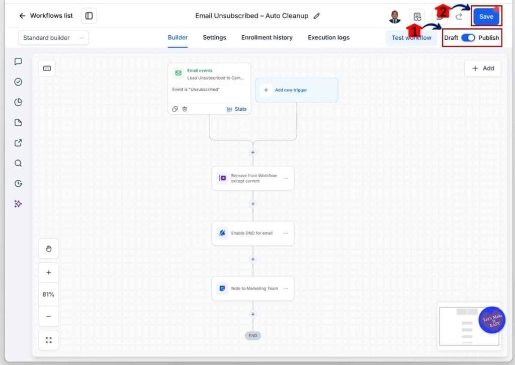 GoHighLevel unsubscribe automation - Publish and Save Your Workflow.