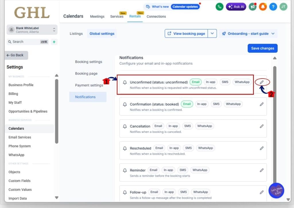 gohighlevel rental sms notifications - edit