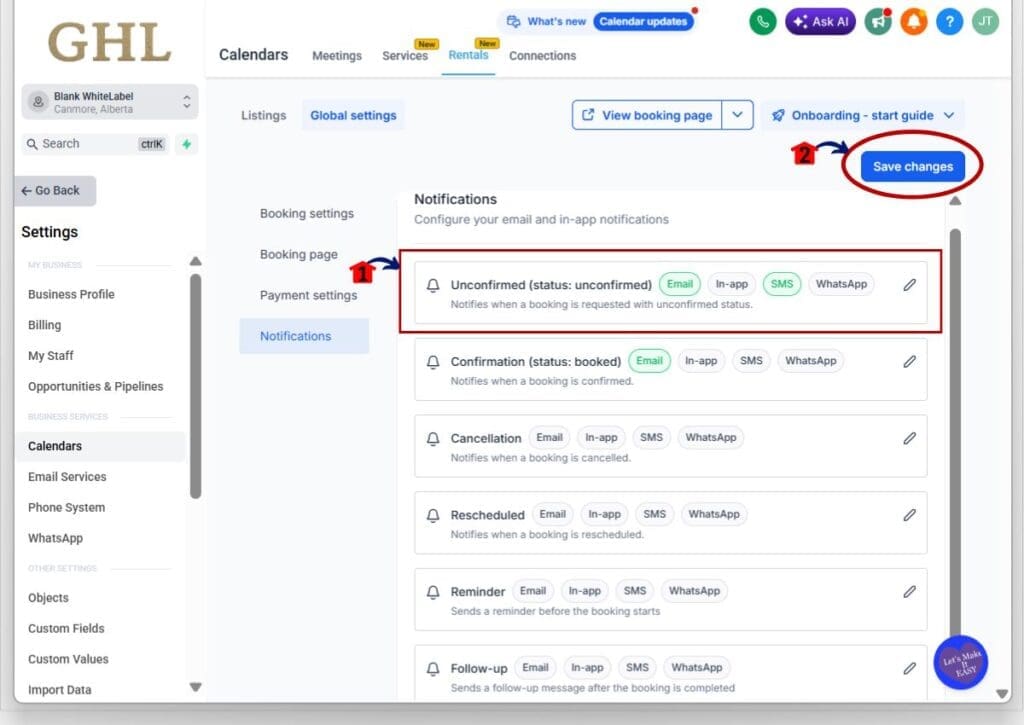 rental sms notifications - settings